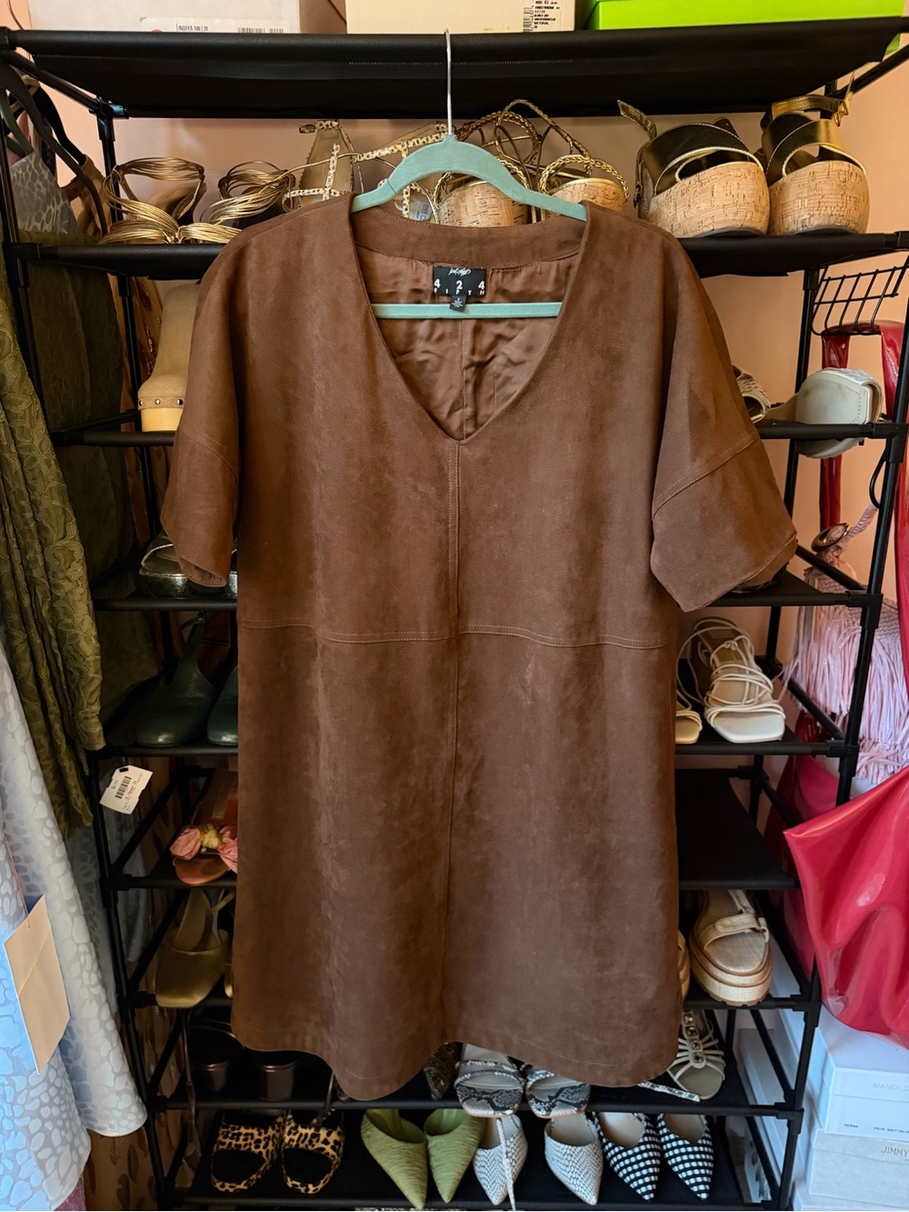 Cynthia Rowley Brown Suede-Look V-Neck Mini Dress